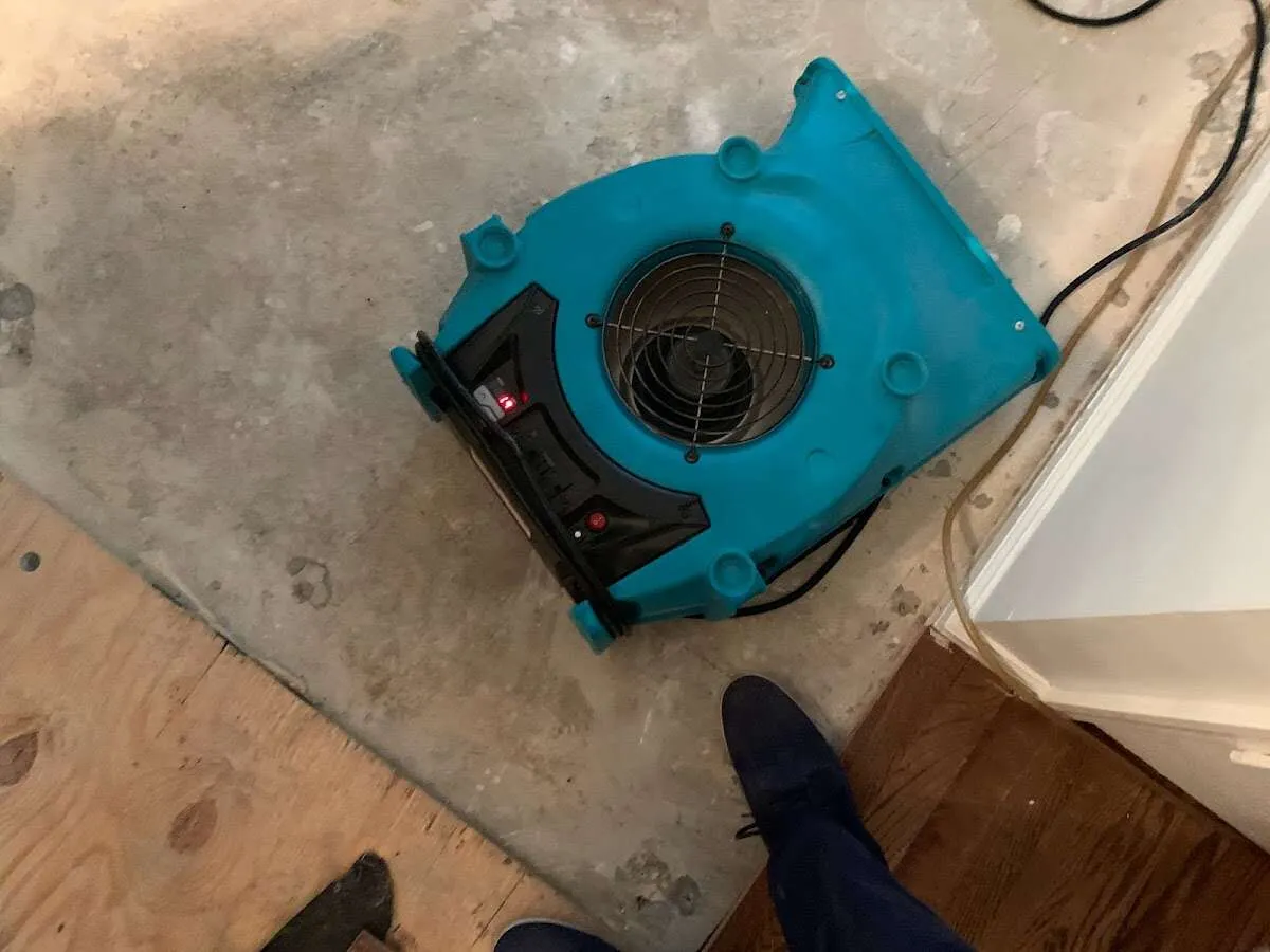 Air mover drying subfloor during Commercial Water Damage Restoration in Ashton-Sandy Spring
